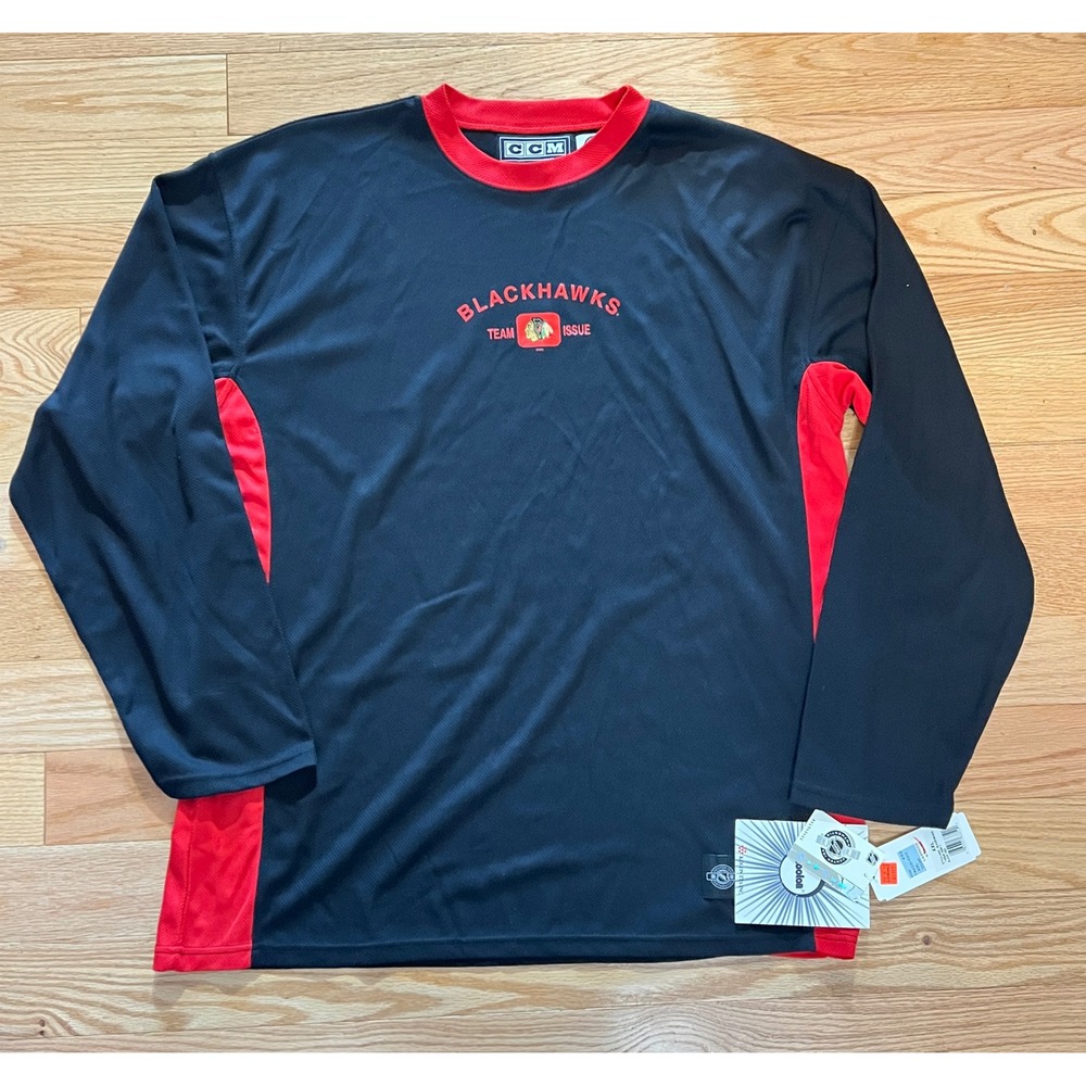 CCM Chicago Blackhawks NHL Team Issue Long Sleeve Shirt Black Red Mens XXL NWT